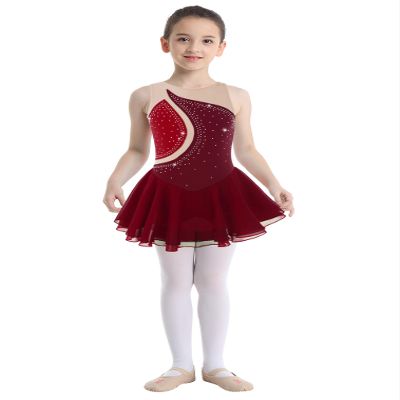 FEESHOW Big Kids Girls Sleeveless Shiny Rhinestone Figure Ice Skating Dress Ballerina Gym Leotard Dancewear Costume Red 6 Years