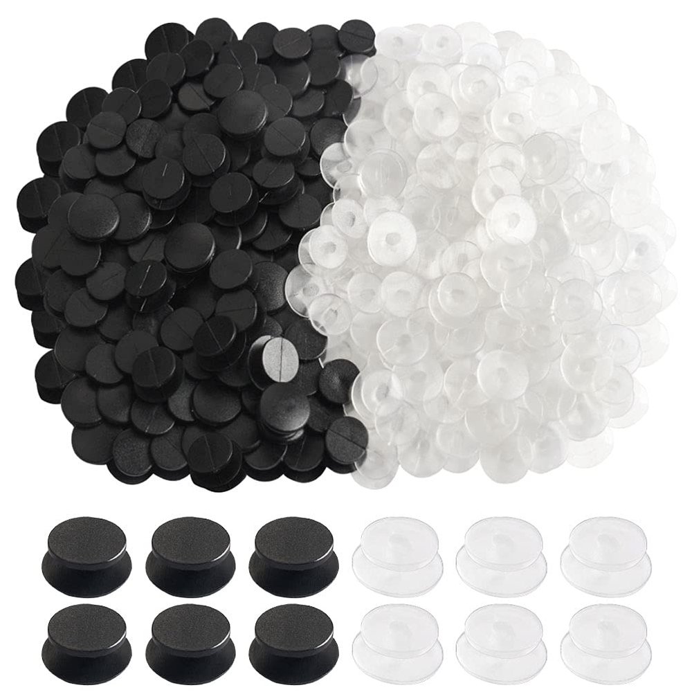 200 PCS Buckle Plastic Button, 2 Colors Shoe Charm Buttons Round Buttons DIY Shoes Accessories for Kids, Wristband Charm Backs (Black, Transparent)