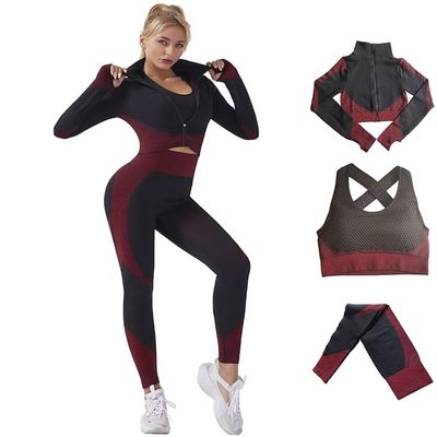 Veriliss Women's 3pcs Seamless Workout Outfit Sets, Gym Running Clothes Yoga Sportswear (BlackRed, S)