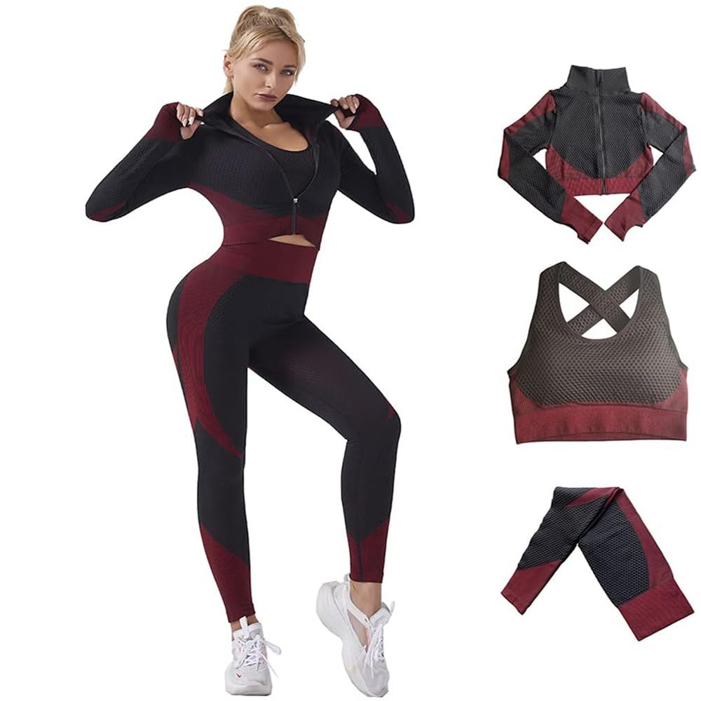 Veriliss Women's 3pcs Seamless Workout Outfit Sets, Gym Running Clothes Yoga Sportswear (BlackRed, S)
