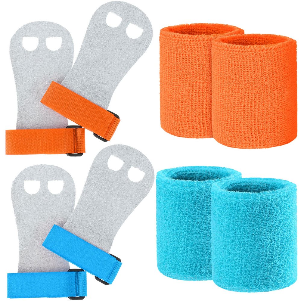 2 Gymnastics Grips Wristbands Sets for Kids Youth, Palm Protection and Wrist Support Sports Accessories for Workout Exercise (Orange, Blue)