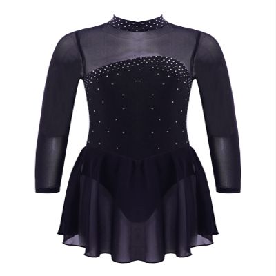 FEESHOW Youth Girls Shiny Rhinestones Mesh Long Sleeves Figure Ice Skating Ballet Dance Leotard Gymnastic Dress Black 16 Years