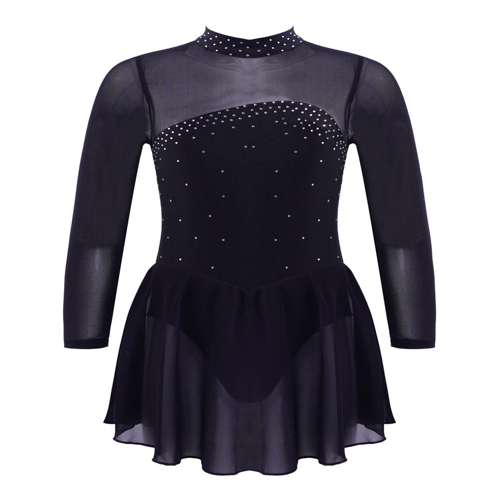 FEESHOW Youth Girls Shiny Rhinestones Mesh Long Sleeves Figure Ice Skating Ballet Dance Leotard Gymnastic Dress Black 16 Years