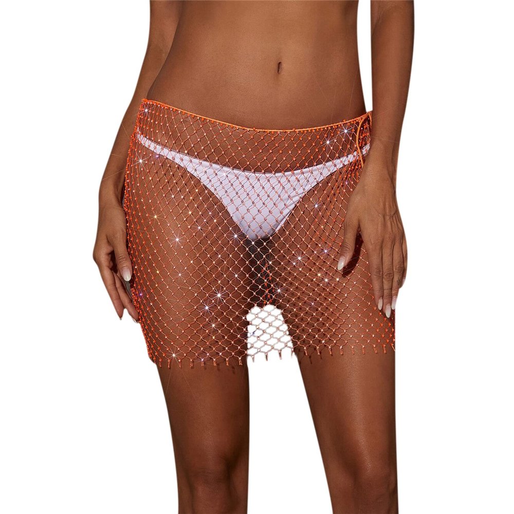 AIBEARTY Women's Sexy Glitter Rhinestone Mesh See Through Mini Skirt Hollow Out Bikini Cover Up Club Festival Rave Outfit Orange