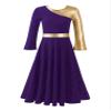 easyforever Girl's Metallic Gold Color Block Praise Dance Dress Dancewear Lyrical Christian Worship Dance Tunic Dress Purple 4 Years view 2