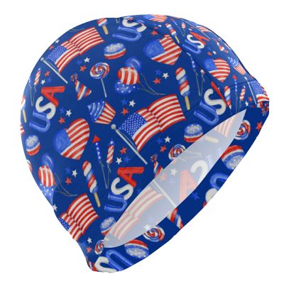 Dallonan Swimming Cap Patriotic American Flag Blue Unisex Adult Swim Cap Polyester