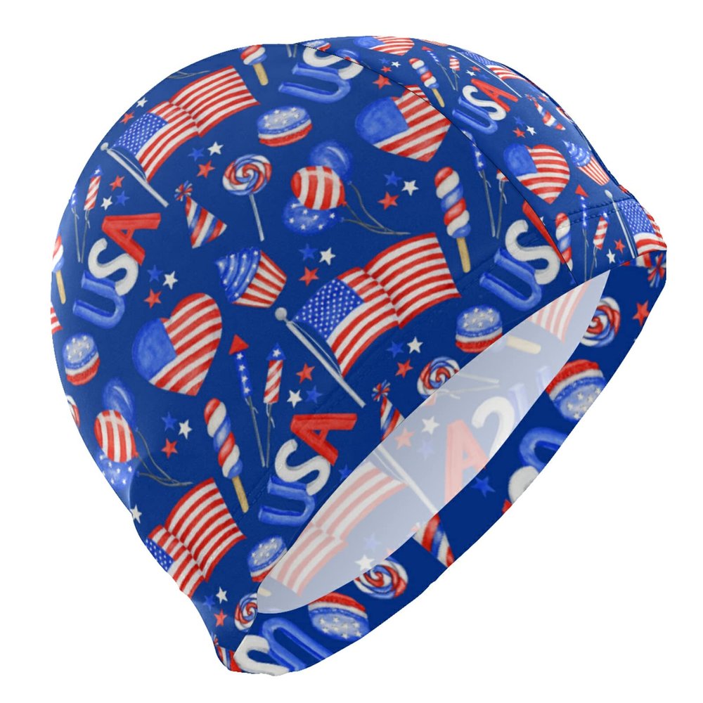 Dallonan Swimming Cap Patriotic American Flag Blue Unisex Adult Swim Cap Polyester