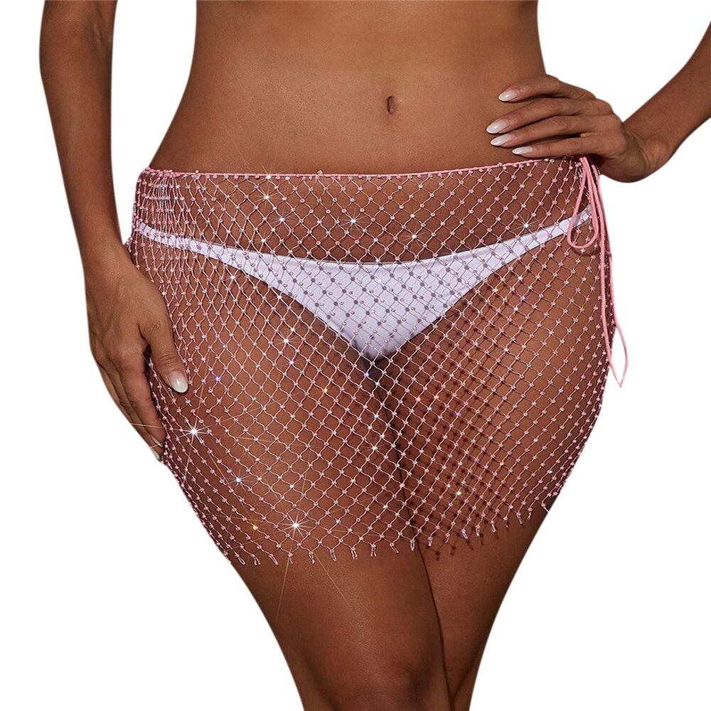 AIBEARTY Women's Sexy Glitter Rhinestone Mesh See Through Mini Skirt Hollow Out Bikini Cover Up Club Festival Rave Outfit Pink
