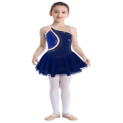 FEESHOW Big Kids Girls Sleeveless Shiny Rhinestone Figure Ice Skating Dress Ballerina Gym Leotard Dancewear Costume Dark Blue 6 Years
