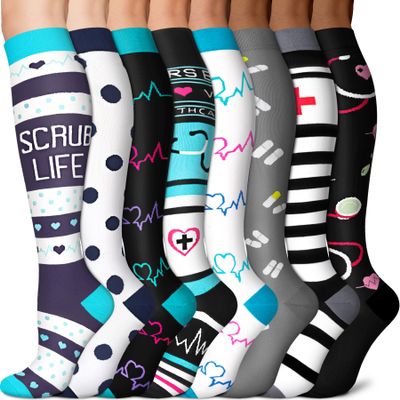 Sooverki Compression Socks for Women 8 Pairs 15-20mmHg Best for Flying Travel Fun Cute White Black Knee High Stockings Wide Calf Nurse Gifts Essentials Pregnancy Support Running Athletic