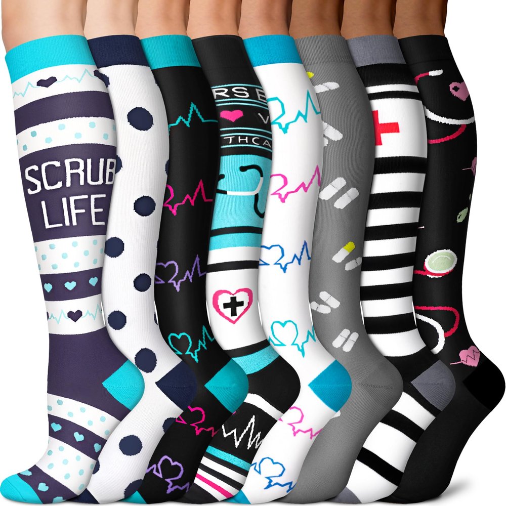 Sooverki Compression Socks for Women 8 Pairs 15-20mmHg Best for Flying Travel Fun Cute White Black Knee High Stockings Wide Calf Nurse Gifts Essentials Pregnancy Support Running Athletic
