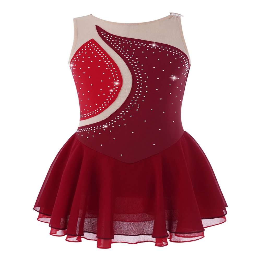 Loloda Kids Girls Sparkly Rhinestones Figure Ice Skating Tutu Dress Ballet Gymnastic Leotard Dancewear Costume Red 12 Years