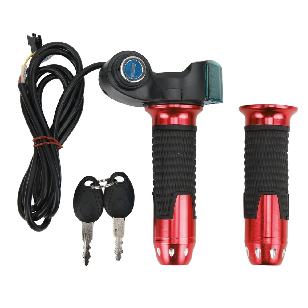 SUNGOOYUE Throttle Grip Kit, Digital Display LCD Screen Wire Throttle Accelerator Handle Grips with Cable and Key Knock for Electric (Red Handle)