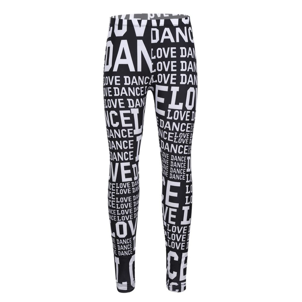Sxiwei Kids Girls Athletic Leggings Love Dance Print Sportswear Workout Bottoms Running Jogger Pants Black&White 5 Years