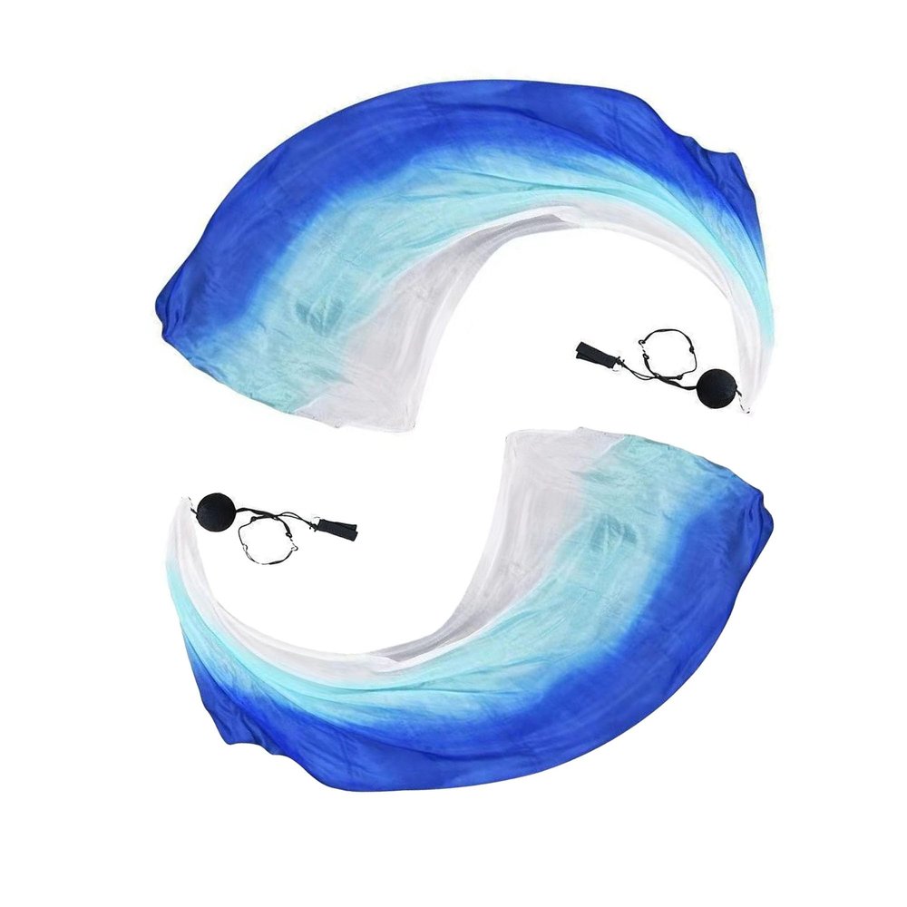Aumulen Women 2 Pcs Hand Made Belly Dance Silk Poi Veil Streamer Throw Ball (Blue turquoise white)