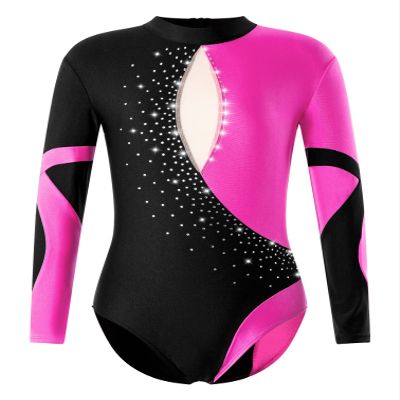 Agoky Kids Girls Metallic Long Sleeve Backless Dance Leotard with Diamond Printed Gymnastic Yoga Jumpsuit Black&Purple 10 Years
