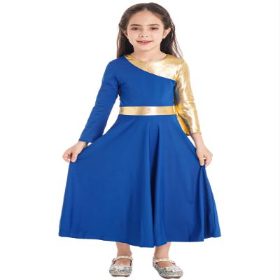 easyforever Girl's Metallic Gold Color Block Praise Dance Dress Dancewear Lyrical Christian Worship Dance Tunic Dress Royal Blue 6 Years