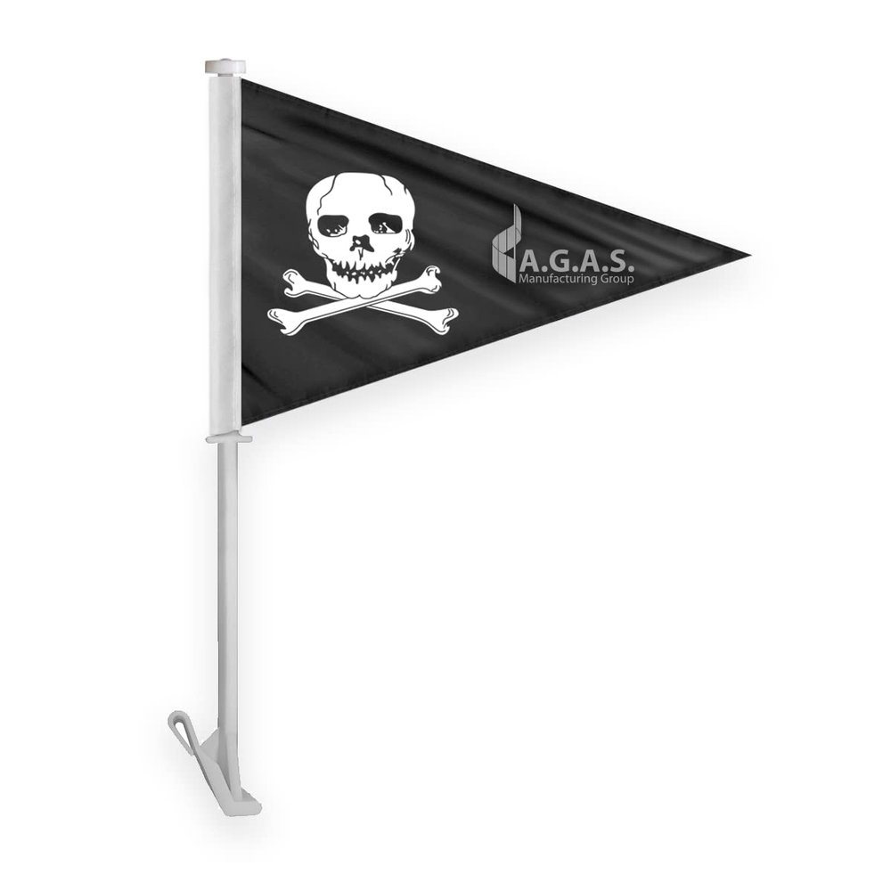 AGAS Pirate Jolly Roger Pennant Premium Car Window Clip-On Flag: Double-Sided Wrap Knitted Polyester with Stitched Seams and 19" Plastic Stiff Pole.