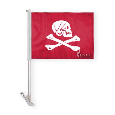 AGAS Red Pirate Henry Every Premium Car Window Clip-On Flag: Double-Sided Wrap Knitted Polyester with Stitched Seams and 19" Plastic Stiff Pole.