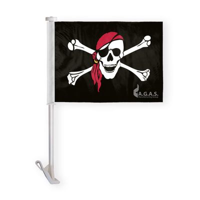 AGAS Pirate Red Bandana One Eyed Jack Premium Car Window Clip-On Flag: Double-Sided Wrap Knitted Polyester with Stitched Seams and 19" Plastic Stiff Pole.