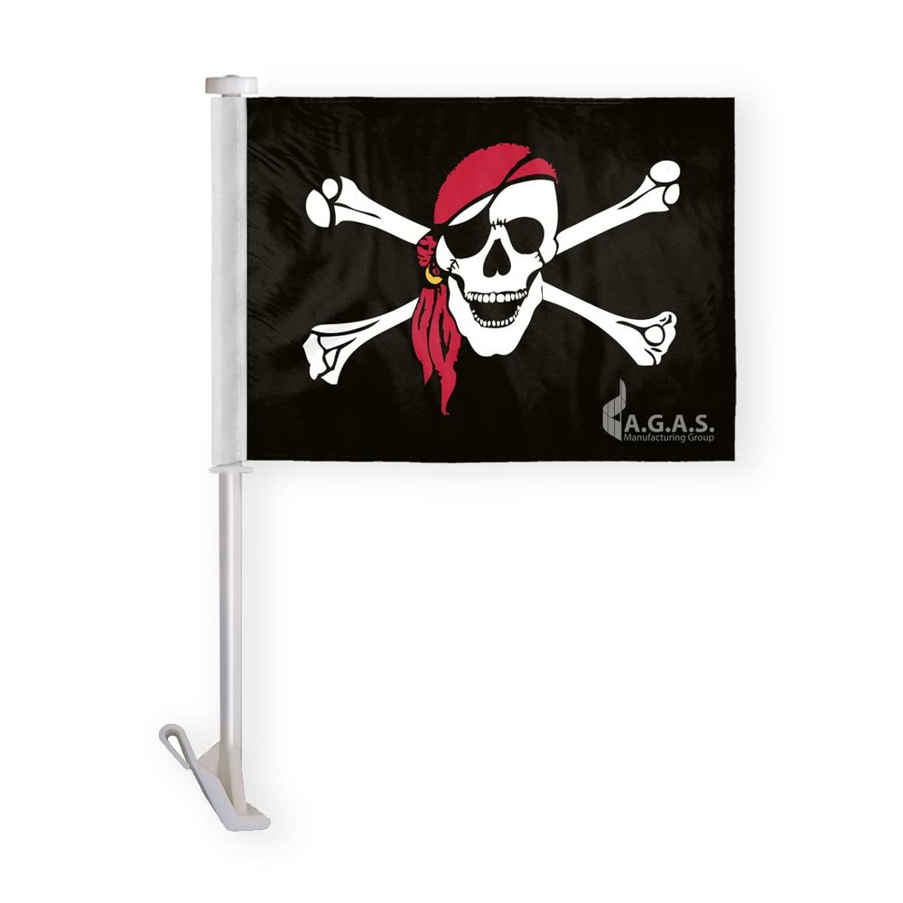 AGAS Pirate Red Bandana One Eyed Jack Premium Car Window Clip-On Flag: Double-Sided Wrap Knitted Polyester with Stitched Seams and 19" Plastic Stiff Pole.