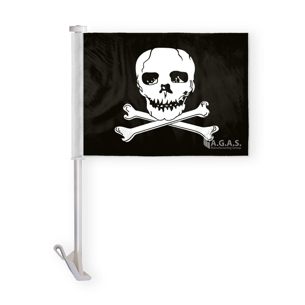 AGAS Pirate Jolly Roger Premium Car Window Clip-On Flag: Double-Sided Wrap Knitted Polyester with Stitched Seams and 19" Plastic Stiff Pole.