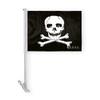 AGAS Pirate Jolly Roger Premium Car Window Clip-On Flag: Double-Sided Wrap Knitted Polyester with Stitched Seams and 19" Plastic Stiff Pole. view 1
