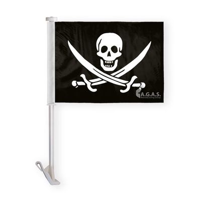 AGAS Pirate Catain Jack Rackham Premium Car Window Clip-On Flag: Double-Sided Wrap Knitted Polyester with Stitched Seams and 19" Plastic Stiff Pole.