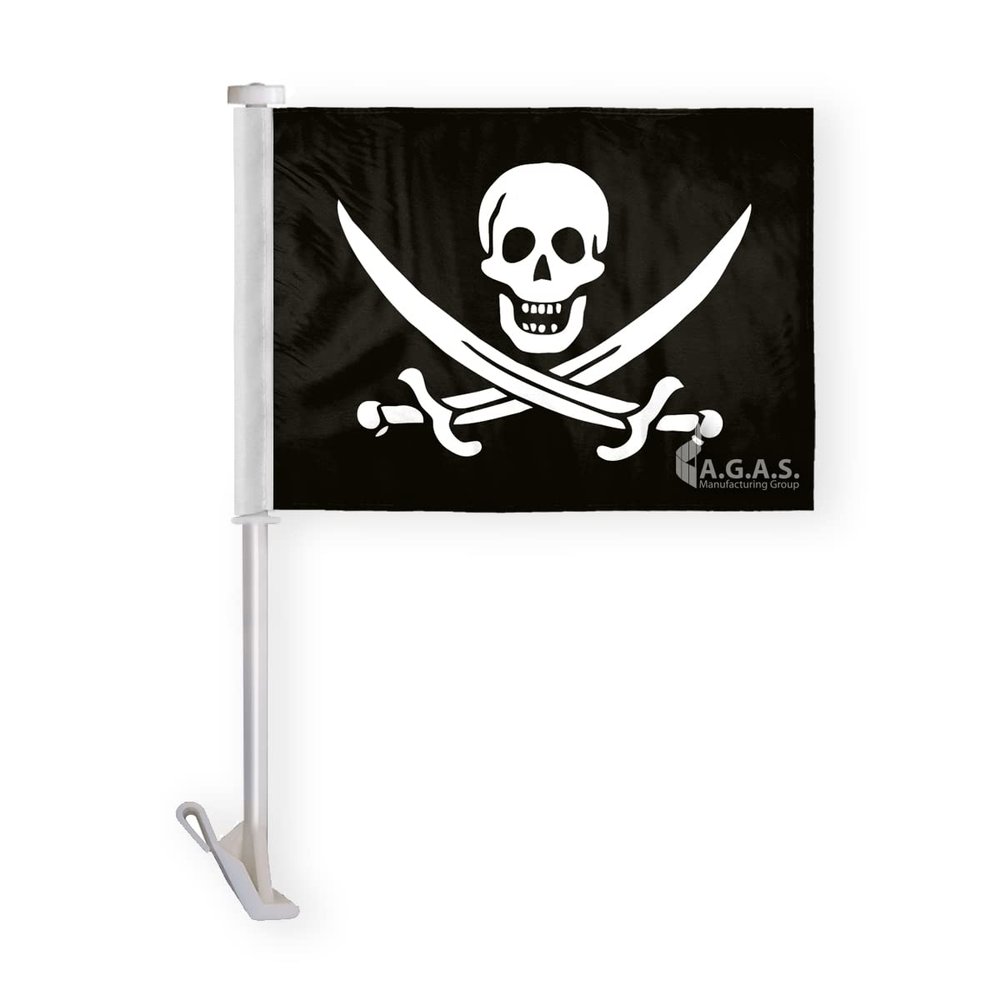 AGAS Pirate Catain Jack Rackham Premium Car Window Clip-On Flag: Double-Sided Wrap Knitted Polyester with Stitched Seams and 19" Plastic Stiff Pole.