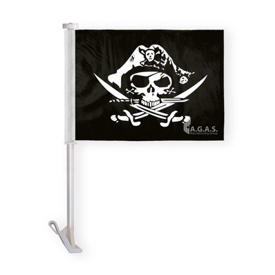 AGAS Pirate's Hat Tricorner Premium Car Window Clip-On Flag: Double-Sided Wrap Knitted Polyester with Stitched Seams and 19" Plastic Stiff Pole.
