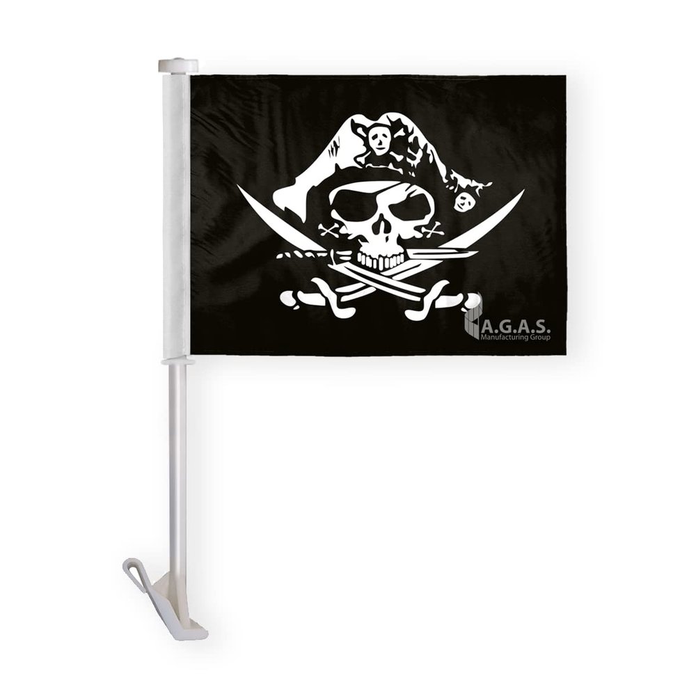 AGAS Pirate's Hat Tricorner Premium Car Window Clip-On Flag: Double-Sided Wrap Knitted Polyester with Stitched Seams and 19" Plastic Stiff Pole.