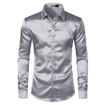 Men's Dress Shirts Men Smooth Slim Fit Tuxedo Shirt Fashion Long Sleeve Casual Work Shirt Sliver XXL