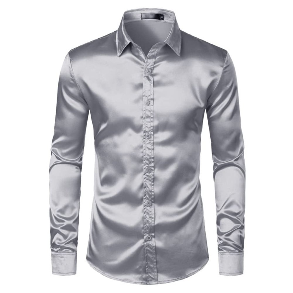 Men's Dress Shirts Men Smooth Slim Fit Tuxedo Shirt Fashion Long Sleeve Casual Work Shirt Sliver XXL