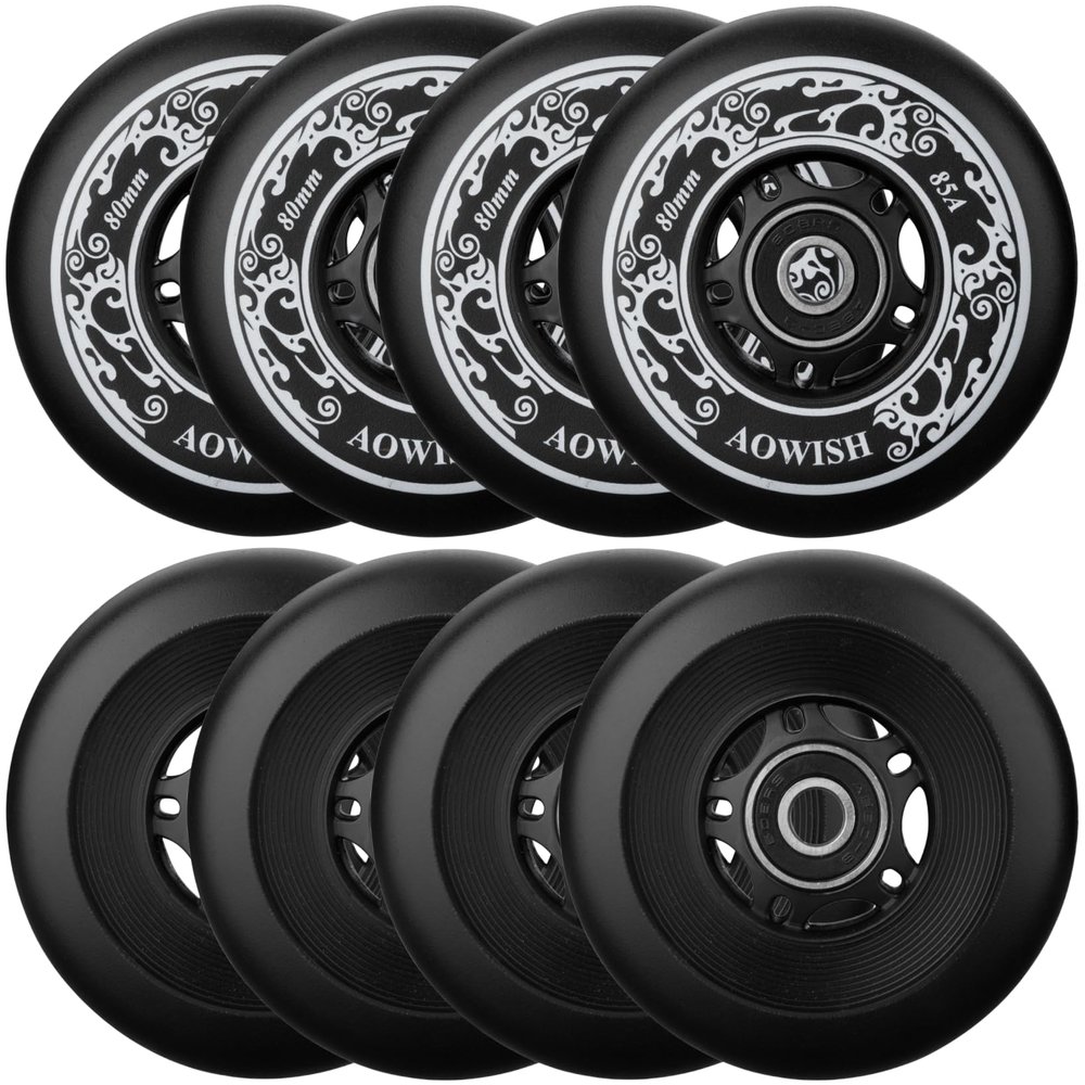 AOWISH 8-Pack Inline Skate Replacement Wheels 85A Outdoor Asphalt Formula Roller Blades Wheels Indoor Roller Blades Wheels with Bearings ABEC-9 & Floating Spacers (Black, 72mm)