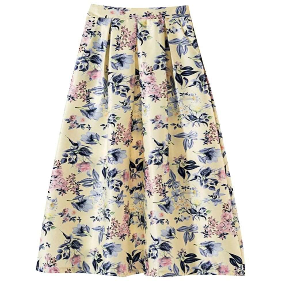 ebossy Womens Casual Vintage Elastic High Waisted Pleated Polka Dot Long Floral Skirts (Large,25 Yellow)