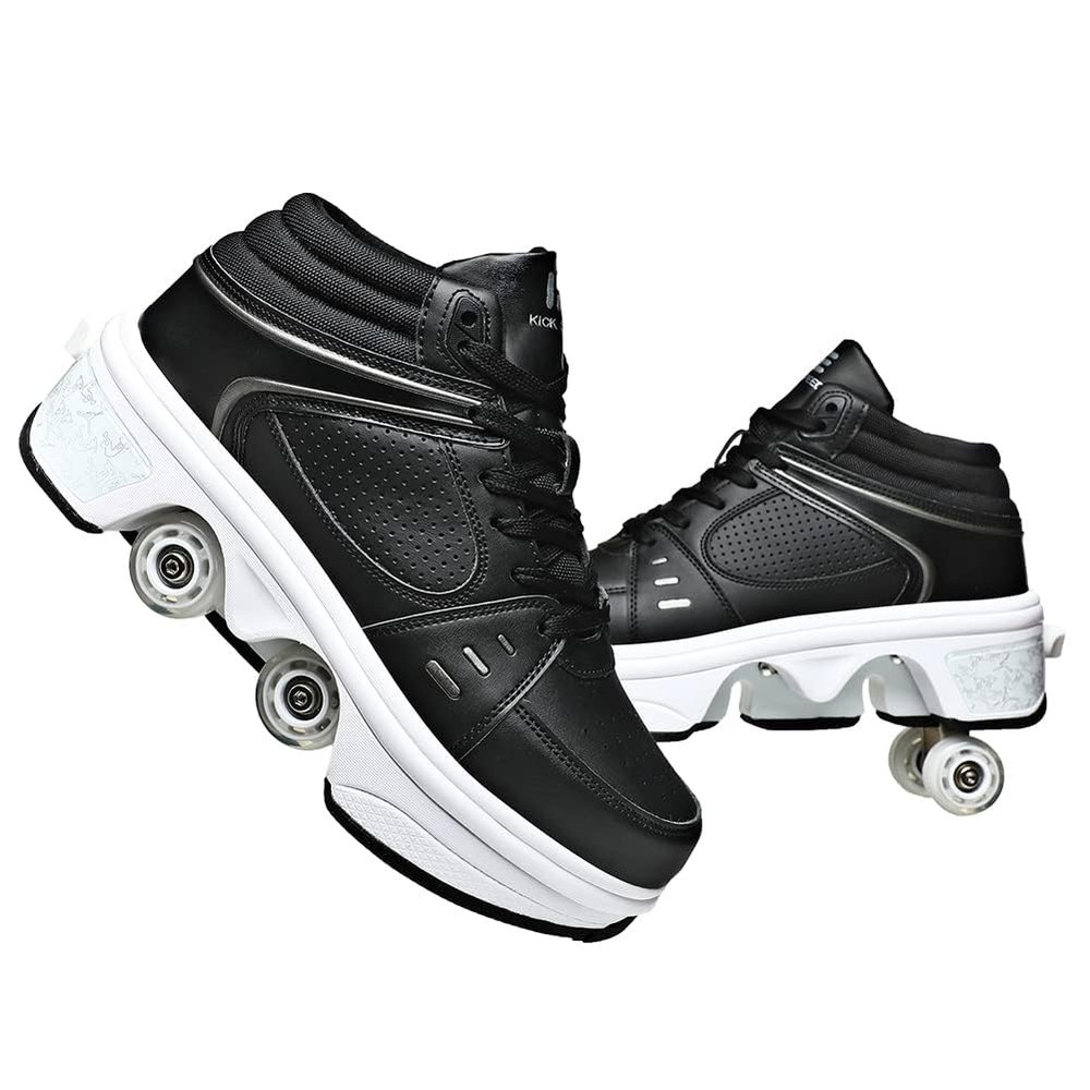 2-in-1 Roller Skates & Sneakers Unisex Retractable Wheels Outdoor Fun & Fitness Kick Roller Shoes Black