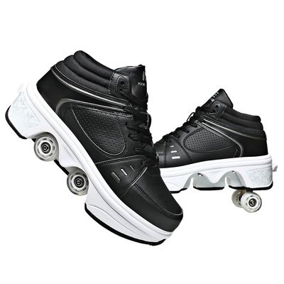 2-in-1 Roller Skates & Sneakers Unisex Retractable Wheels Outdoor Fun & Fitness Kick Roller Shoes Black