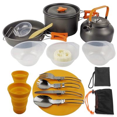 Sxdthy Camping Cookware Mess Kit, Outdoor Cooking Tools Set,Lightweight Pot Pan Kettle Fork Knife Spoon Kit for Outdoor Camping, Outdoor Activities (Color : Orange)