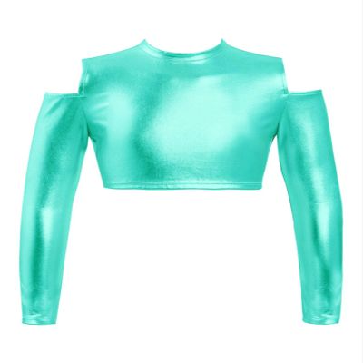Aislor Girls Shiny Metallic Crop Top Kids Long Sleeve Tank Top Dance Leotard for Jazz Hip Hop Dancing Performance Lake Green 6 Years
