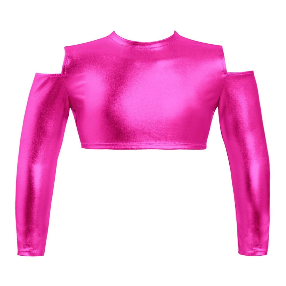 Aislor Girls Shiny Metallic Crop Top Kids Long Sleeve Tank Top Dance Leotard for Jazz Hip Hop Dancing Performance Hot Pink 6 Years
