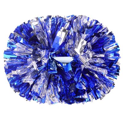 2 Pack Cheerleading Pompoms with Baton Handle - Plastic Cheer Poms for Sports, Party, Dance Team Accessories - Cheering Squad Spirit (Blue/Silver)