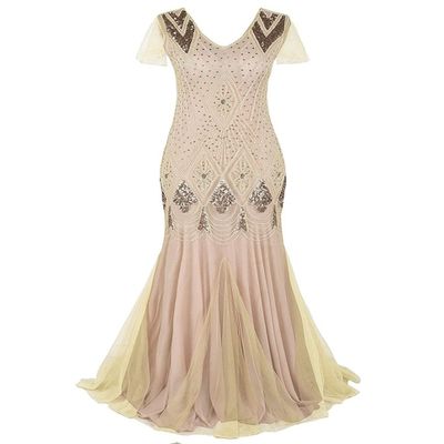 2022 New Women's Long Evening Dress 1920s Flapper Party Cocktail Mermaid Formal Long Maxi Gown Spring Beige