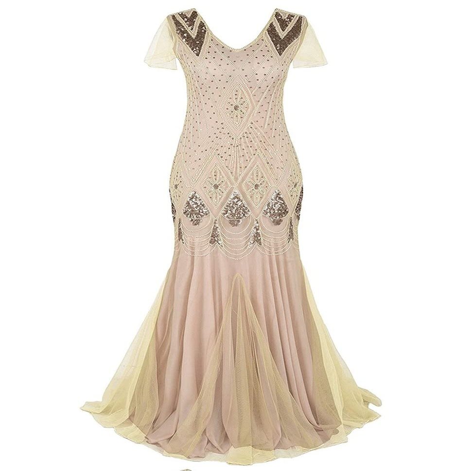 2022 New Women's Long Evening Dress 1920s Flapper Party Cocktail Mermaid Formal Long Maxi Gown Spring Beige