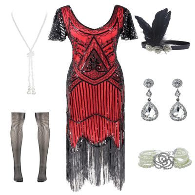 FUNDAISY Women Halter V-Neck Sequins Tassel 1920s Flapper Inspired Party Dance Dress with 20s Gatsby Accessories Set (Small, Style F Flower Black Red)