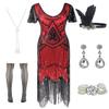 FUNDAISY Women Halter V-Neck Sequins Tassel 1920s Flapper Inspired Party Dance Dress with 20s Gatsby Accessories Set (Small, Style F Flower Black Red) view 1