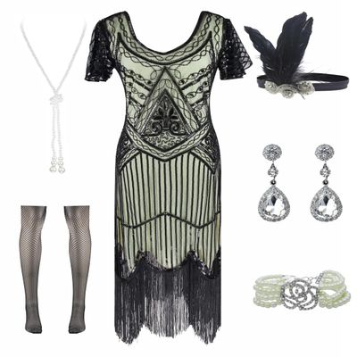 FUNDAISY Women Halter V-Neck Sequins Tassel 1920s Flapper Inspired Party Dance Dress with 20s Gatsby Accessories Set (Small, Style F Flower Black Beige)