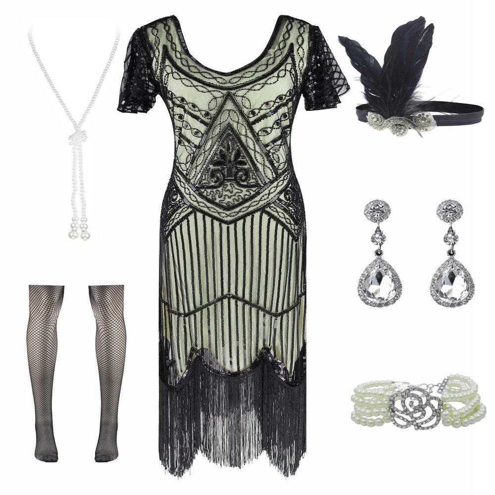 FUNDAISY Women Halter V-Neck Sequins Tassel 1920s Flapper Inspired Party Dance Dress with 20s Gatsby Accessories Set (Small, Style F Flower Black Beige)