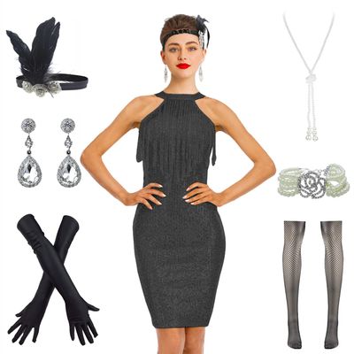 FUNDAISY Women Halter V-Neck Sequins Tassel 1920s Flapper Inspired Party Dance Dress with 20s Gatsby Accessories Set (X-Large, Style F 3 Black)