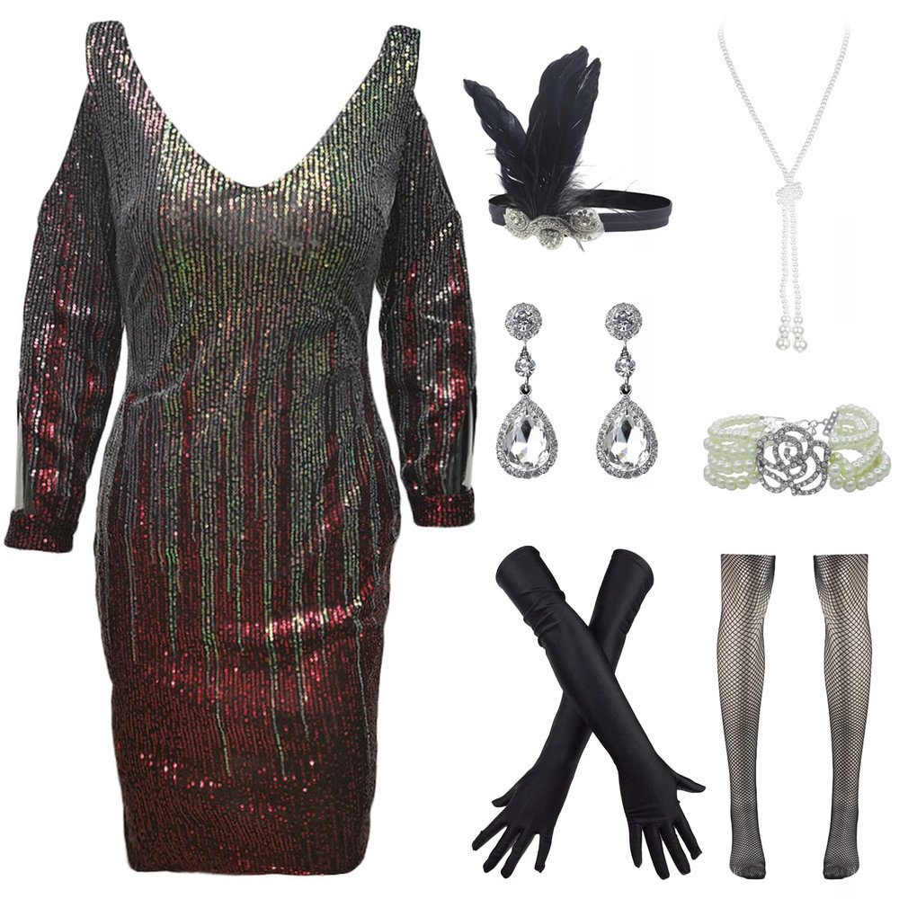 FUNDAISY Women Halter V-Neck Sequins Tassel 1920s Flapper Inspired Party Dance Dress with 20s Gatsby Accessories Set (Small, Style F 4 Black Wine)