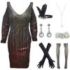 FUNDAISY Women Halter V-Neck Sequins Tassel 1920s Flapper Inspired Party Dance Dress with 20s Gatsby Accessories Set (Small, Style F 4 Black Wine) view 1